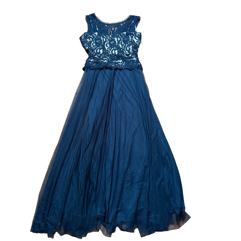 Navy Lace Tulle Long Formal Evening Gown Sleeveless Elegant Dress‎ XL